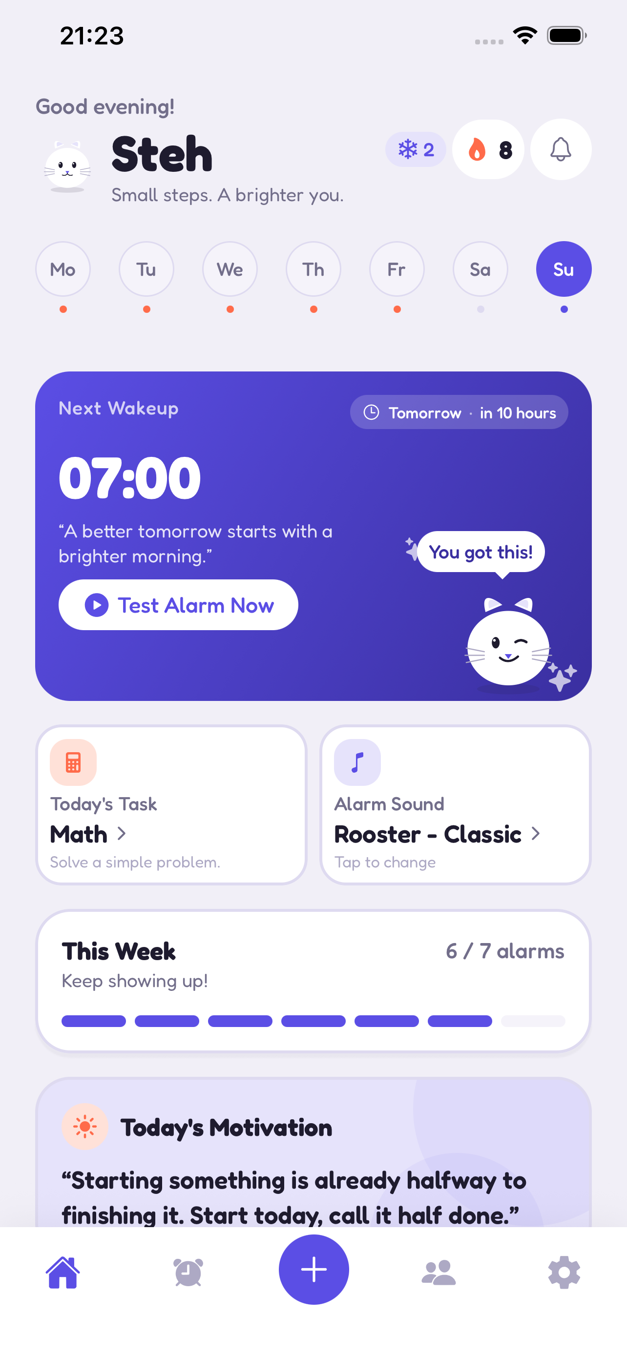 Steh home screen showing next wakeup, streak and today's wake-up task